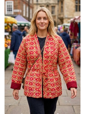Kantha Jacket - Cotton Quilted Summer Weight Pink Geometric Reversible Indian Kantha Jacket - Fair Trade - Available in sizes 8 - 18