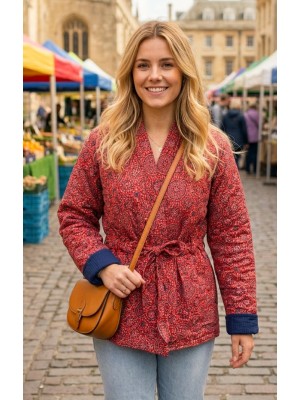 Kantha Jacket - Cotton Quilted Summer Weight Red Classic Geometric Design Reversible Indian Kantha Jacket - Fair Trade - Available in sizes 8 - 18
