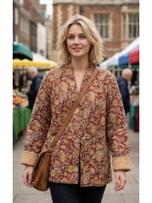 Kantha Jacket - Cotton Quilted Summer Weight Red & Yellow Flowers Reversible Indian Kantha Jacket - Fair Trade - Available in sizes 8 to 18