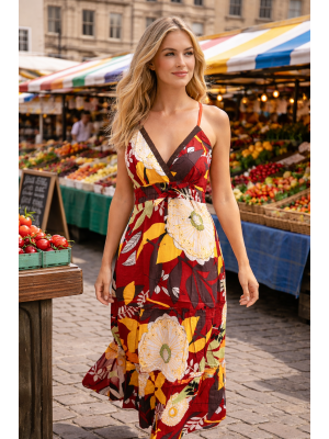 Bold Floral Patterned Red Carmen Summer Maxi Dress - Fair Trade 100% Cotton 