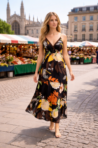 Bold Floral Patterned Dark Chocolate Brown Carmen Summer Maxi Dress - Fair Trade 100% Cotton Bold Floral Patterned Dark Chocolate Brown Carmen Summer Maxi Dress - Fair Trade 100% Cotton