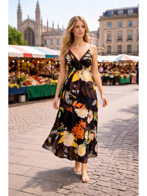 Bold Floral Patterned Dark Chocolate Brown Carmen Summer Maxi Dress - Fair Trade 100% Cotton 