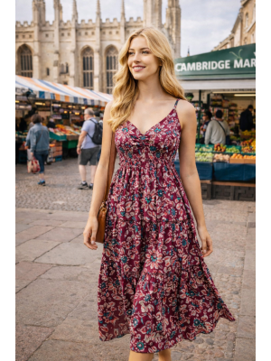 Maroon Abstract Floral Patterned Toto Short Summer Dress - Fair Trade 100% Cotton 