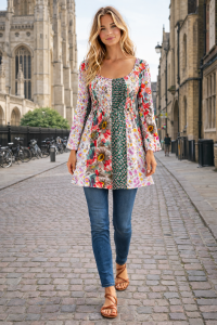 Floaty Cotton Oranges & Greens Exotic Floral Print Long Top / Short Dress On / Off the Shoulder