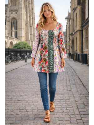 Floaty Cotton Oranges & Greens Exotic Floral Print Long Top / Short Dress On / Off the Shoulder