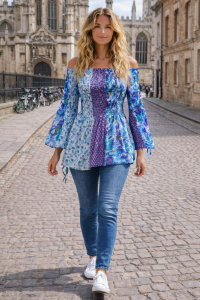 Floaty Cotton Blues & Purples Exotic Floral Print Long Top / Short Dress On / Off the Shoulder