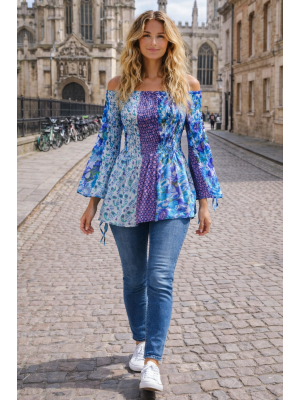 Floaty Cotton Blues & Purples Exotic Floral Print Long Top / Short Dress On / Off the Shoulder