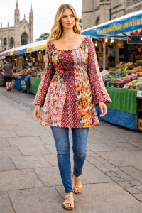 Floaty Cotton Maroons & Pinks Exotic Floral Print Long Top / Short Dress On / Off the Shoulder