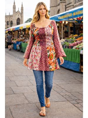 Floaty Cotton Maroons & Pinks Exotic Floral Print Long Top / Short Dress On / Off the Shoulder