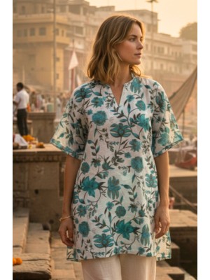 Beautiful Emma Flower Print Kaftan Top - Fair Trade Cotton Beautiful Emma Flower Print Kaftan Top - Fair Trade Cotton