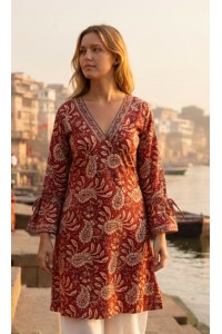 Paisley Print Kaftan Top Soft Indian Cotton Block Print Red Sizes 8 - 16