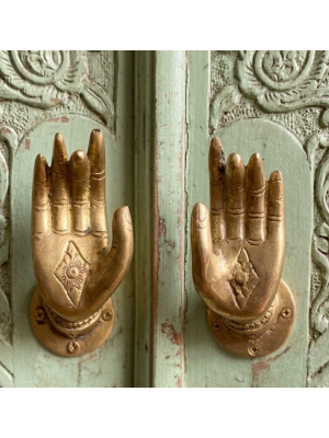 Pair of Vintage Brass Buddha Hand Door Handle Hook Pull  Unusual Varada Mudra Hand Position - Made in Nepal 