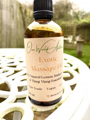 Exotic Aromatherapy Massage Oil containing Lemon, Juniper, Ginger & Ylang Ylang Essential Oils - Fair Trade - Vegan - Cruelty Free