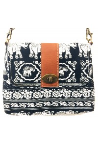 Vegan / Cruelty  Free Mini Hand Bag with detachable adjustable strap - White Elephants on Black Design - Fair Trade