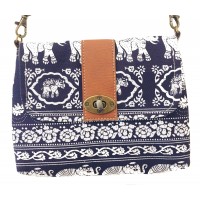 Vegan / Cruelty  Free Mini Hand Bag with detachable adjustable strap - White Elephants on Blue  Design - Fair Trade