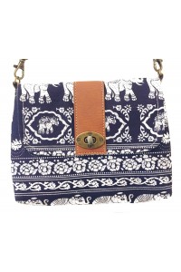Vegan / Cruelty  Free Mini Hand Bag with detachable adjustable strap - White Elephants on Blue  Design - Fair Trade