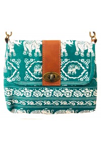 Vegan / Cruelty  Free Mini Hand Bag with detachable adjustable strap - White Elephants on Turquoise  Design - Fair Trade