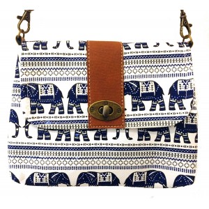 Vegan / Cruelty  Free Mini Hand Bag with detachable adjustable strap - Blue Elephants on White  Design - Fair Trade