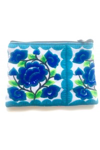 Hmong Thai Hill Tribe Flower Embroidered Tribal Purse - Blue / White Flower Fair Trade