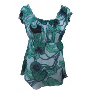 Lovely Blue / Green Floaty Bold Floral Print Emily Blouse -  On the shoulder or off the Shoulder - Fair Trade 100% Cotton