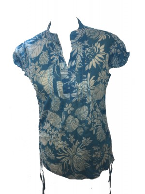 Bold Tropical Print Blue White Lucinda Blouse featuring Mandarin Collar - Perfect for Work or Going Out- Fair Trade 100% Cotton Bold Tropical Print Blue White Lucinda Blouse featuring Mandarin Collar - Perfect for Work or Going Out- Fair Trade 100% Cotton