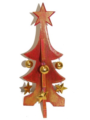 Fair Trade Festive Red Wooden Christmas Tree Tabletop Decorations