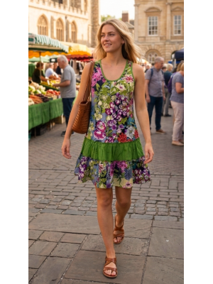 Floaty Cotton Short Bold Multicoloured Flower Design Pippa Sundress / Short Shift Dress 