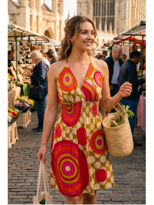 Bright Yellow / Green Colourful Dotty Short Summer Dress/Party Dress - 100% Cotton