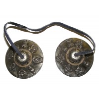 Eight Auspicious Signs Tibetan Buddhist Tingsha ( Buddhist cymbals) with satin carry bag  - Fair Trade 