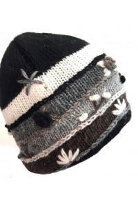 Black & White Hand Embroidered Hand Knit Wool Beanie Hat - Fair Trade - Fleece Lined Toasty Warm