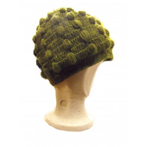 Fair Trade New Style Khaki Green Bobbly Bobble Hat - Fleece lined - Hand Knitted - 100% Fairtrade Wool