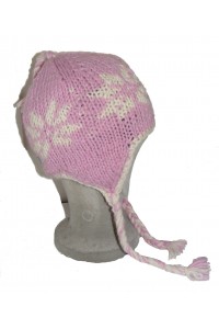 Hand Knit Wool Children's Pink Flower Earflap Hat