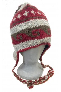 Handknit Earflap Hat - 100% Wool - Red & Grey Traditional Tibetan Design - Fair Trade