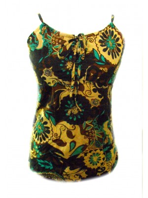 Ethnic Bold Flower Print Blue, Green & Brown Natasha Strappy Top- Fair Trade 100% Cotton