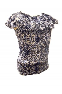 100% Floaty Cotton Ruffle Collar Blue / White Jasmine Print Blouse - Fair Trade