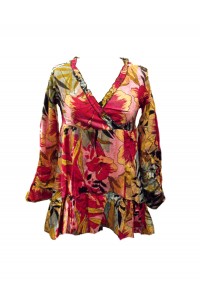 Ethnic Bold Flower Print Pale Blue & Pink Abbie Blouse - Fair Trade 100% Cotton