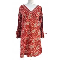 Paisley Print Kaftan Top Soft Indian Cotton Block Print Ruby Red Sizes 8 - 16