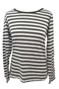 Fair Trade 100% Cotton Classic Stripey Green / White Ladies Long Sleeve Fitted T Shirt