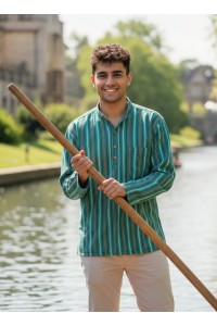 Blue / Green Striped 100% Cotton Collarless Cambridge Grandad Shirt 