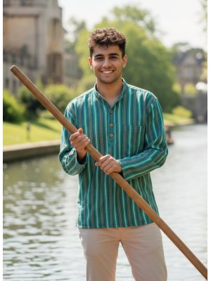 Blue / Green Striped 100% Cotton Collarless Cambridge Grandad Shirt 