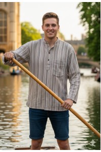 Cream / White Striped 100% Cotton Collarless Cambridge Grandad Shirt