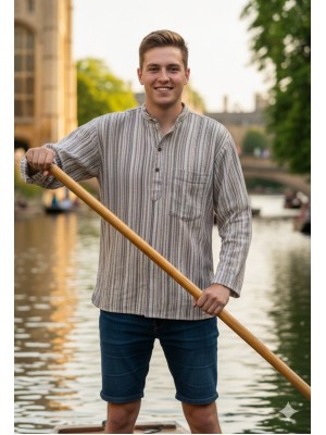 Cream / White Striped 100% Cotton Collarless Cambridge Grandad Shirt