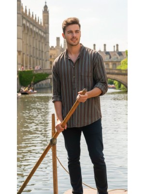 Black / Green Striped 100% Cotton Collarless Cambridge Grandad Shirt