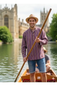 Purple / Red Striped 100% Cotton Collarless Cambridge Grandad Shirt 