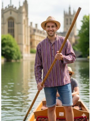 Purple / Red Striped 100% Cotton Collarless Cambridge Grandad Shirt 