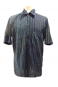 Blue / Green Striped Blockprint Cotton Mens Short Sleeve Shirt - Fair Trade Blue / Green Striped Blockprint Cotton Mens Short Sleeve Shirt - Fair Trade