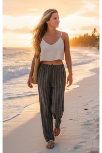 Green / Black Striped Cotton Casual Unisex Trousers Lightweight Summer Baggies