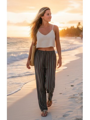 Green / Black Striped Cotton Casual Unisex Trousers Lightweight Summer Baggies