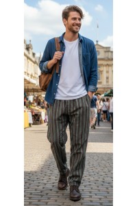 Green / Black Striped Cotton Casual Unisex Trousers Lightweight Summer Baggies