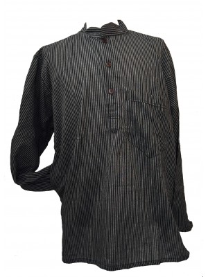 Black / Grey Striped 100% Cotton Collarless Grandad Shirt - Fairtrade